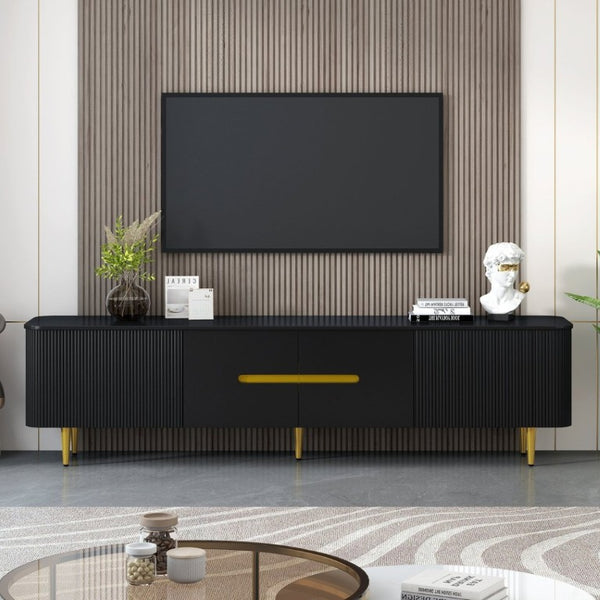 English Elm Vibe Haus Low Profile Media Console with Four Cabinets and Golden Legs for Living Room Black N893S000023B