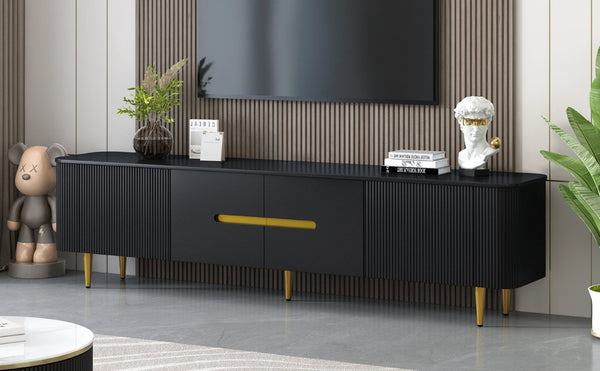English Elm Vibe Haus Low Profile Media Console with Four Cabinets and Golden Legs for Living Room Black N893S000023B