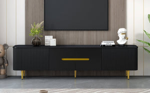 English Elm Vibe Haus Low Profile Media Console with Four Cabinets and Golden Legs for Living Room Black N893S000023B