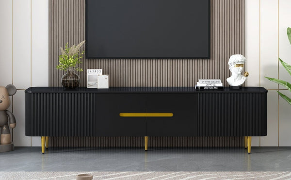 English Elm Vibe Haus Low Profile Media Console with Four Cabinets and Golden Legs for Living Room Black N893S000023B