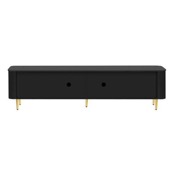 English Elm Vibe Haus Low Profile Media Console with Four Cabinets and Golden Legs for Living Room Black N893S000023B