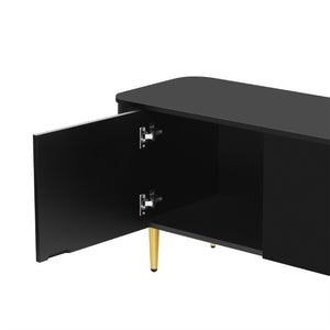 English Elm Vibe Haus Low Profile Media Console with Four Cabinets and Golden Legs for Living Room Black N893S000023B