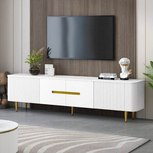 English Elm Vibe Haus Low Profile Media Console with Four Cabinets and Golden Legs for Living Room White N893S000023K
