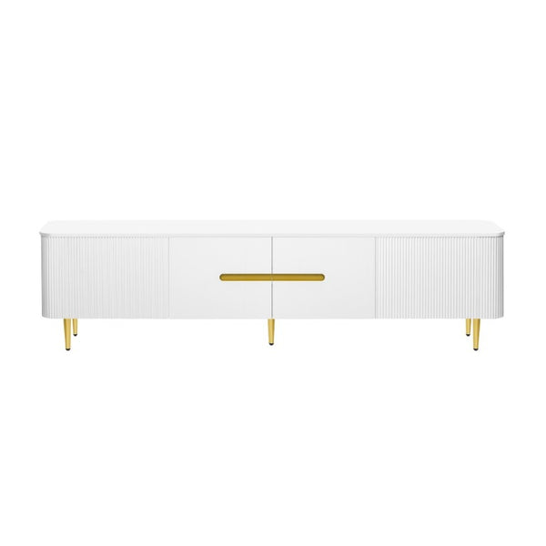 English Elm Vibe Haus Low Profile Media Console with Four Cabinets and Golden Legs for Living Room White N893S000023K
