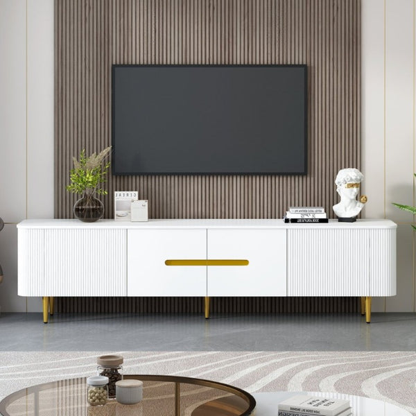 English Elm Vibe Haus Low Profile Media Console with Four Cabinets and Golden Legs for Living Room White N893S000023K