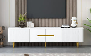 English Elm Vibe Haus Low Profile Media Console with Four Cabinets and Golden Legs for Living Room White N893S000023K