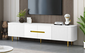 English Elm Vibe Haus Low Profile Media Console with Four Cabinets and Golden Legs for Living Room White N893S000023K