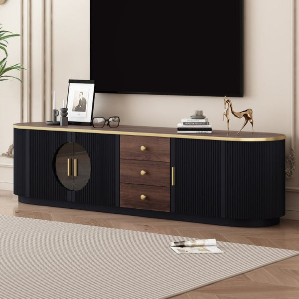 English Elm Vibe Haus Wood Grain Entertainment Center with Glass Cabinets and Gold Handles Black N893S000024B