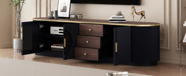 English Elm Vibe Haus Wood Grain Entertainment Center with Glass Cabinets and Gold Handles Black N893S000024B