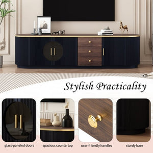 English Elm Vibe Haus Wood Grain Entertainment Center with Glass Cabinets and Gold Handles Black N893S000024B