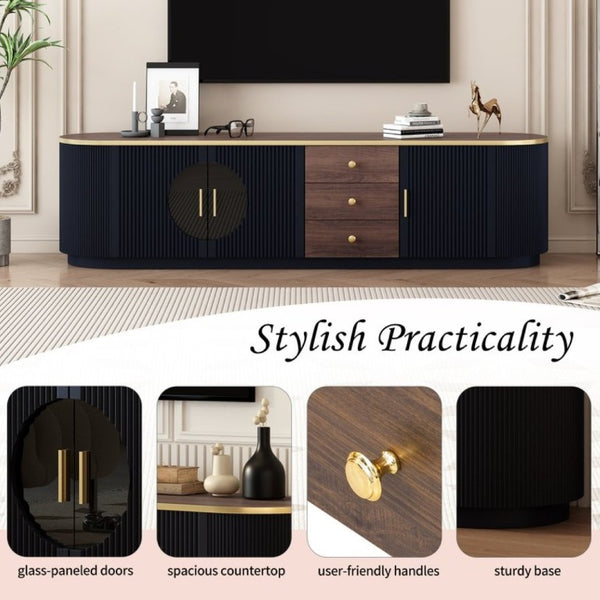 English Elm Vibe Haus Wood Grain Entertainment Center with Glass Cabinets and Gold Handles Black N893S000024B