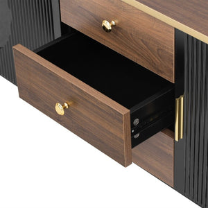 English Elm Vibe Haus Wood Grain Entertainment Center with Glass Cabinets and Gold Handles Black N893S000024B