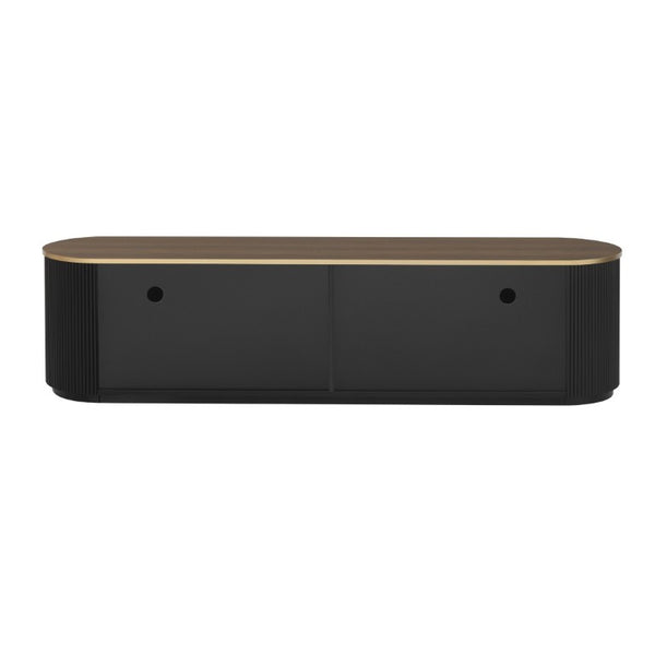 English Elm Vibe Haus Wood Grain Entertainment Center with Glass Cabinets and Gold Handles Black N893S000024B