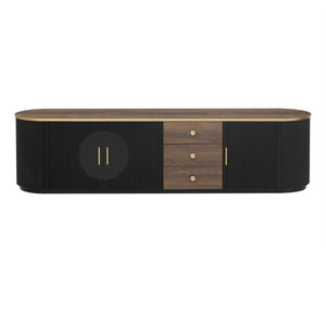 English Elm Vibe Haus Wood Grain Entertainment Center with Glass Cabinets and Gold Handles Black N893S000024B