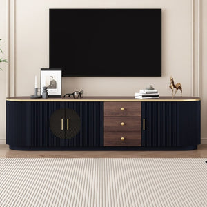 English Elm Vibe Haus Wood Grain Entertainment Center with Glass Cabinets and Gold Handles Black N893S000024B