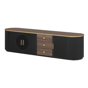 English Elm Vibe Haus Wood Grain Entertainment Center with Glass Cabinets and Gold Handles Black N893S000024B