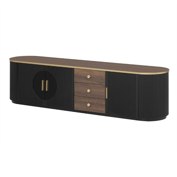 English Elm Vibe Haus Wood Grain Entertainment Center with Glass Cabinets and Gold Handles Black N893S000024B