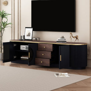 English Elm Vibe Haus Wood Grain Entertainment Center with Glass Cabinets and Gold Handles Black N893S000024B