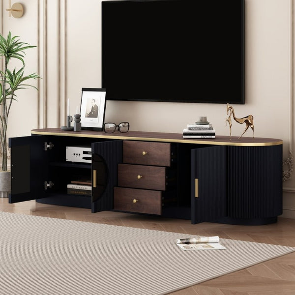 English Elm Vibe Haus Wood Grain Entertainment Center with Glass Cabinets and Gold Handles Black N893S000024B