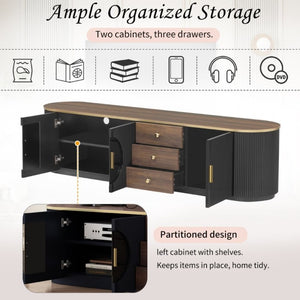 English Elm Vibe Haus Wood Grain Entertainment Center with Glass Cabinets and Gold Handles Black N893S000024B