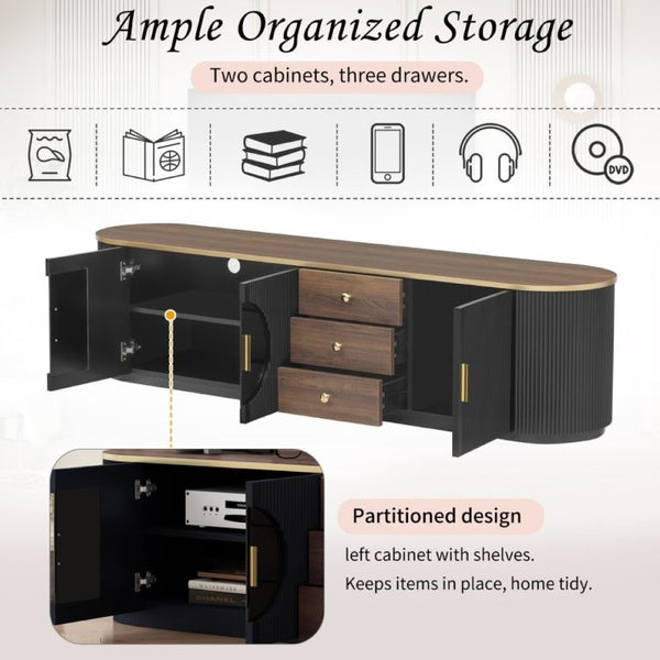 English Elm Vibe Haus Wood Grain Entertainment Center with Glass Cabinets and Gold Handles Black N893S000024B