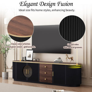English Elm Vibe Haus Wood Grain Entertainment Center with Glass Cabinets and Gold Handles Black N893S000024B