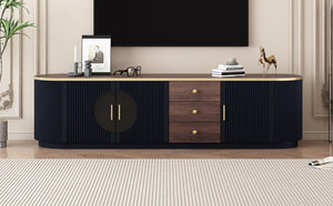 English Elm Vibe Haus Wood Grain Entertainment Center with Glass Cabinets and Gold Handles Black N893S000024B