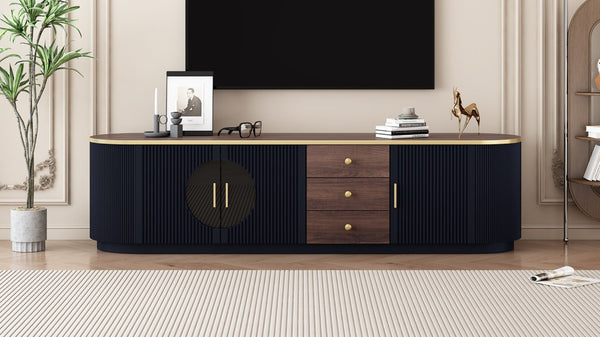 English Elm Vibe Haus Wood Grain Entertainment Center with Glass Cabinets and Gold Handles Black N893S000024B