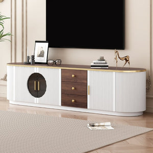 English Elm Vibe Haus Wood Grain Entertainment Center with Glass Cabinets and Gold Handles White N893S000024K