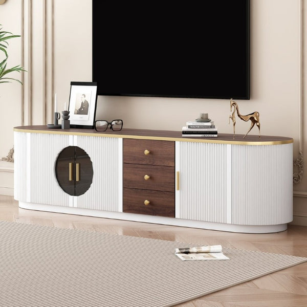 English Elm Vibe Haus Wood Grain Entertainment Center with Glass Cabinets and Gold Handles White N893S000024K
