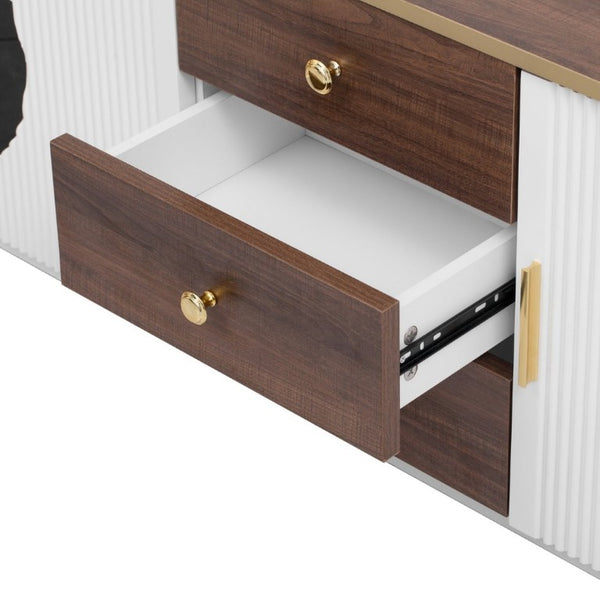 English Elm Vibe Haus Wood Grain Entertainment Center with Glass Cabinets and Gold Handles White N893S000024K