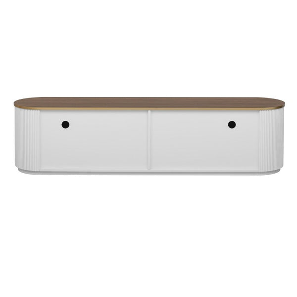 English Elm Vibe Haus Wood Grain Entertainment Center with Glass Cabinets and Gold Handles White N893S000024K