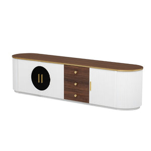 English Elm Vibe Haus Wood Grain Entertainment Center with Glass Cabinets and Gold Handles White N893S000024K