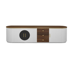 English Elm Vibe Haus Wood Grain Entertainment Center with Glass Cabinets and Gold Handles White N893S000024K