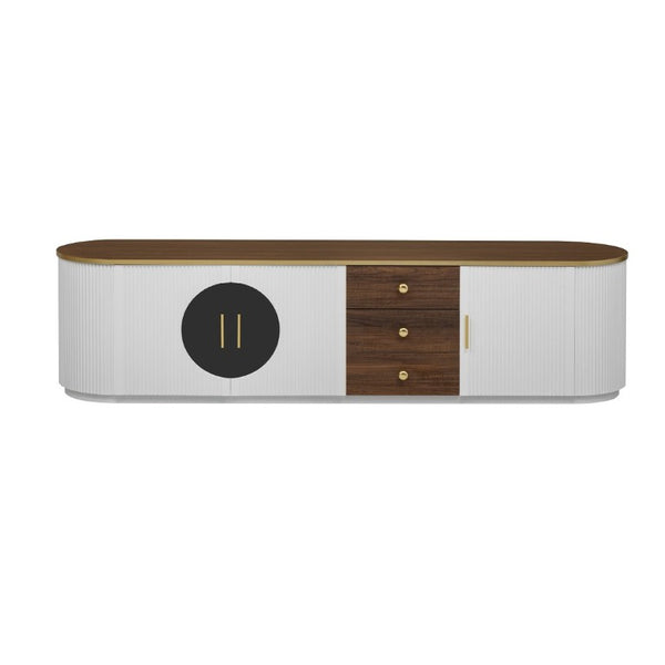 English Elm Vibe Haus Wood Grain Entertainment Center with Glass Cabinets and Gold Handles White N893S000024K