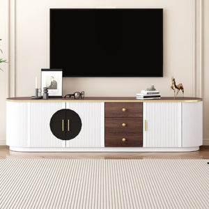English Elm Vibe Haus Wood Grain Entertainment Center with Glass Cabinets and Gold Handles White N893S000024K