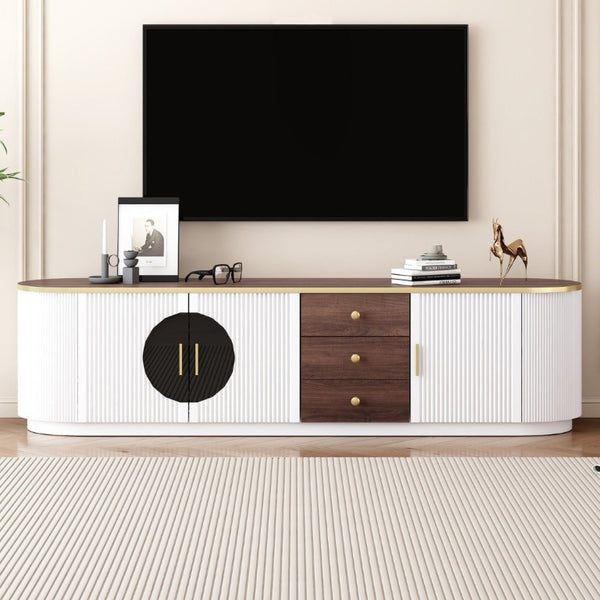 English Elm Vibe Haus Wood Grain Entertainment Center with Glass Cabinets and Gold Handles White N893S000024K