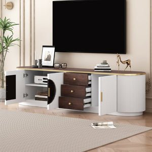 English Elm Vibe Haus Wood Grain Entertainment Center with Glass Cabinets and Gold Handles White N893S000024K
