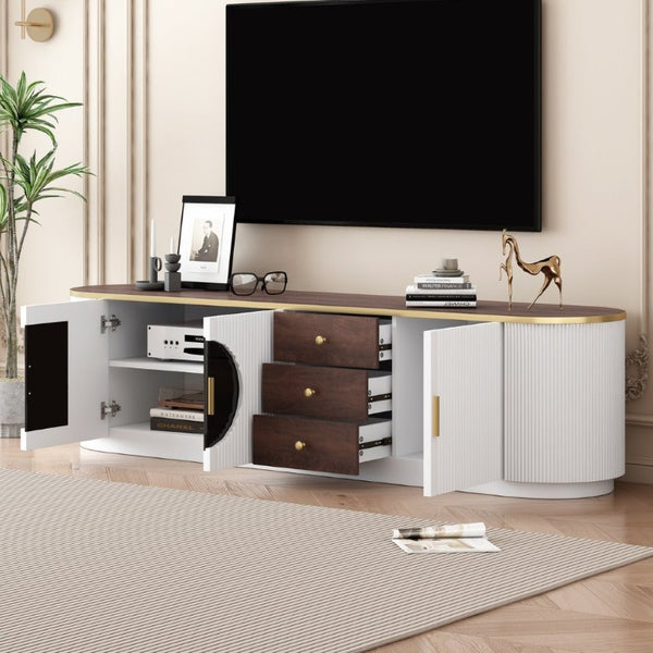 English Elm Vibe Haus Wood Grain Entertainment Center with Glass Cabinets and Gold Handles White N893S000024K