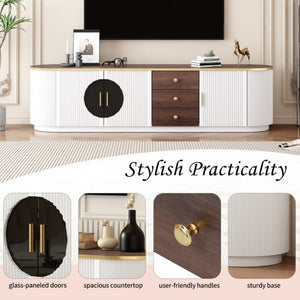 English Elm Vibe Haus Wood Grain Entertainment Center with Glass Cabinets and Gold Handles White N893S000024K