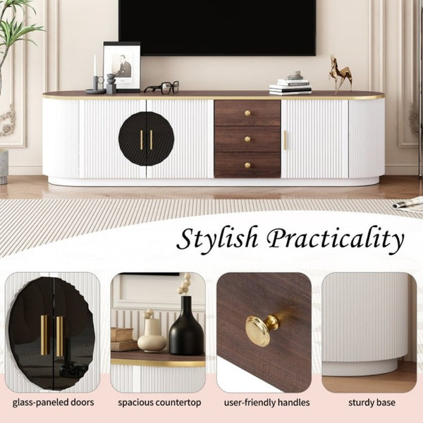 English Elm Vibe Haus Wood Grain Entertainment Center with Glass Cabinets and Gold Handles White N893S000024K