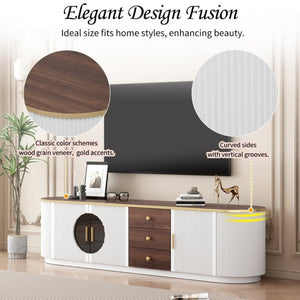 English Elm Vibe Haus Wood Grain Entertainment Center with Glass Cabinets and Gold Handles White N893S000024K