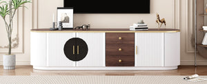 English Elm Vibe Haus Wood Grain Entertainment Center with Glass Cabinets and Gold Handles White N893S000024K