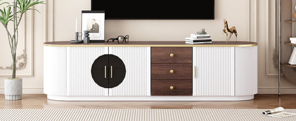 English Elm Vibe Haus Wood Grain Entertainment Center with Glass Cabinets and Gold Handles White N893S000024K