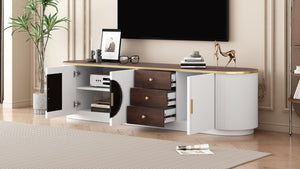 English Elm Vibe Haus Wood Grain Entertainment Center with Glass Cabinets and Gold Handles White N893S000024K