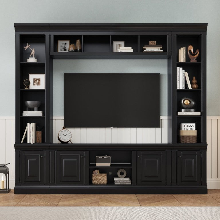 English Elm Vibe Haus Tall Farmhouse Entertainment Center with Hutch Open Shelving for Living Room Black N893S000025B