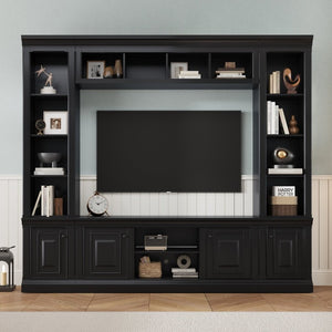 English Elm Vibe Haus Tall Farmhouse Entertainment Center with Hutch Open Shelving for Living Room Black N893S000025B