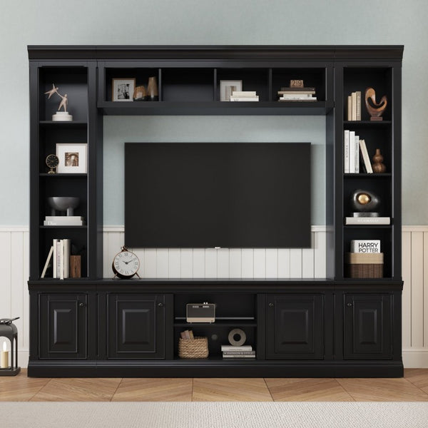 English Elm Vibe Haus Tall Farmhouse Entertainment Center with Hutch Open Shelving for Living Room Black N893S000025B