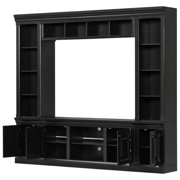 English Elm Vibe Haus Tall Farmhouse Entertainment Center with Hutch Open Shelving for Living Room Black N893S000025B