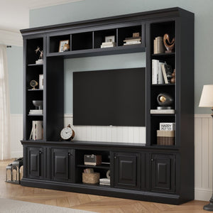 English Elm Vibe Haus Tall Farmhouse Entertainment Center with Hutch Open Shelving for Living Room Black N893S000025B